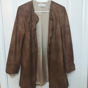 Kelly & Diane Brown Faux Suede Scalloped Edge Open Front Coat Boho Western Sz 10
